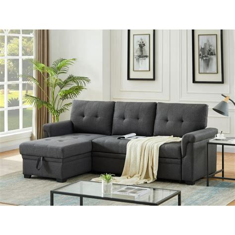 86" Lucca Gray Linen Reversible Sleeper Sectional Sofa with Storage Chaise - Walmart.com ...