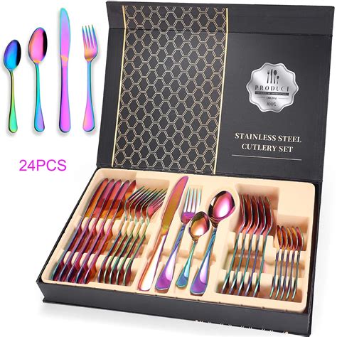 Colorful Silverware Set, 24-Piece Stainless Steel Rainbow Flatware Set ...