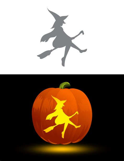 Printable Beautiful Witch Riding Broom Pumpkin Stencil