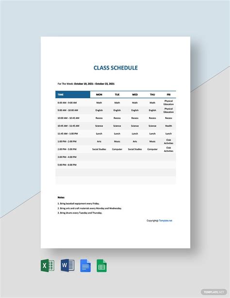 Class Schedule Template - Google Docs, Google Sheets, Excel, Word | Template.net