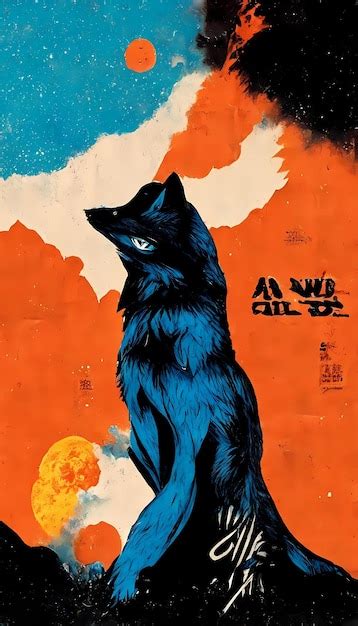 Premium AI Image | wolf howling at the moon with blue and orange Andrewolf retro Japanese art ...