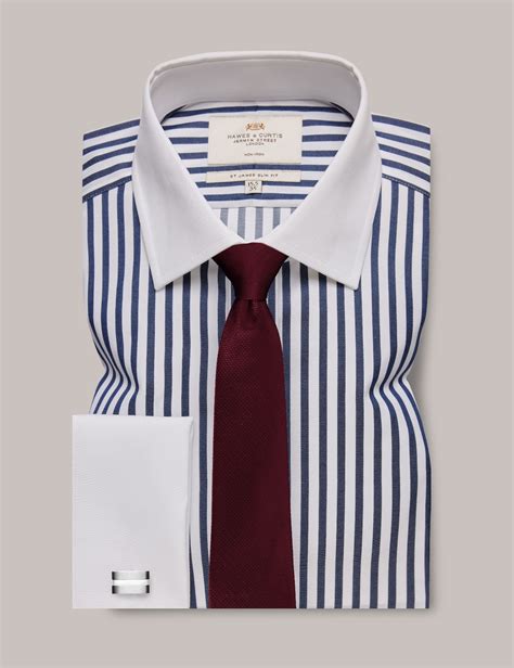 Non Iron Navy & White Bold Stripe Slim Fit Shirt With White Collar and ...