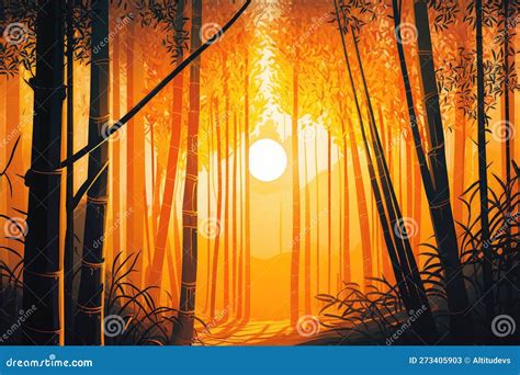 Bamboo Forest at Sunrise, with Warm Orange Light Shining through the ...