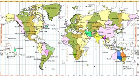 the world map with countries and their major cities in green, blue ...