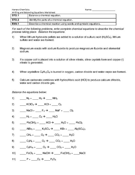 Worksheet- Balancing Equations - Writing and Balancing Equations ...