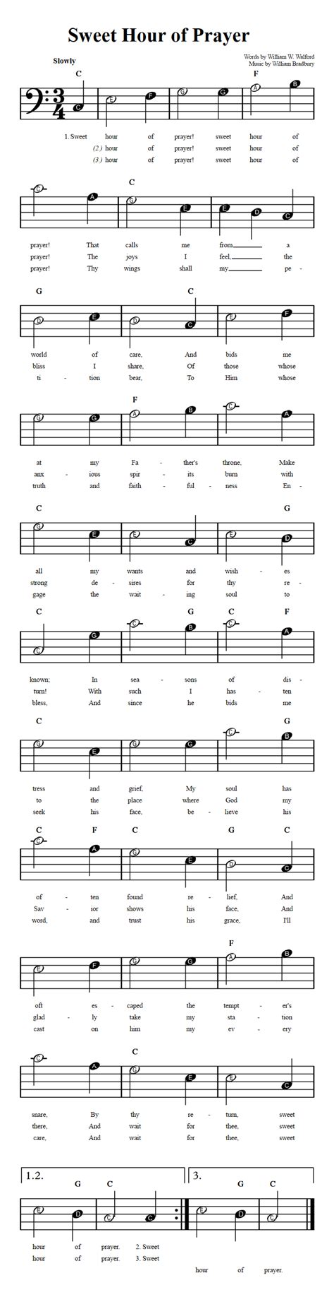 Sweet Hour of Prayer: Beginner Bass Clef Sheet Music with Chords and Lyrics