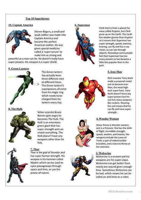 Top 10 Superheroes | English activities, Reading comprehension, Superhero