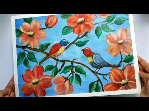 How to Paint Birds and Flowers / Colorful Birds and Flowers Painting / Easy Acrylic Painting ...