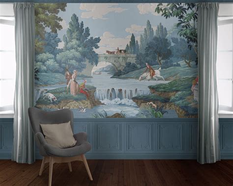 Hunt and french landscape - Antique block printed scenic wallpaper - - Papiers de Paris