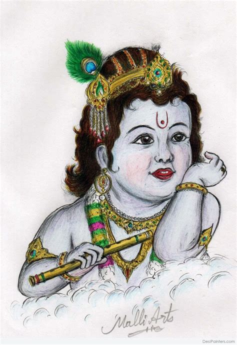 Beautiful Pencil Color Sketch Of Lord Little Krishna - Desi Painters