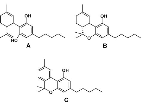 Structure of the three major cannabinoids. (A) CBD, (B) D 9-THC, (C) CBN. | Download Scientific ...