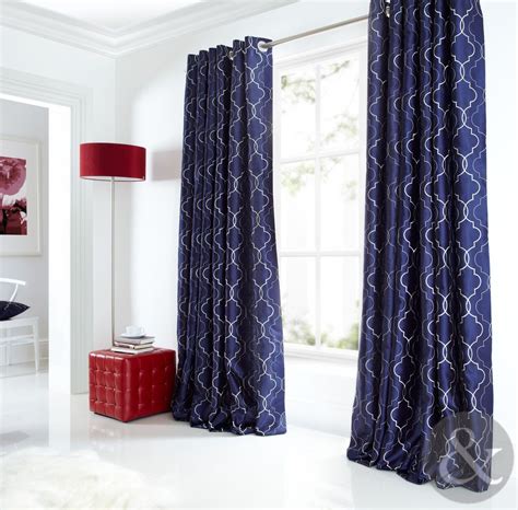 Sicily Curtains Luxury Faux Silk Navy Blue & Silver Embroidered Eyelet Curtain | Blue curtains ...