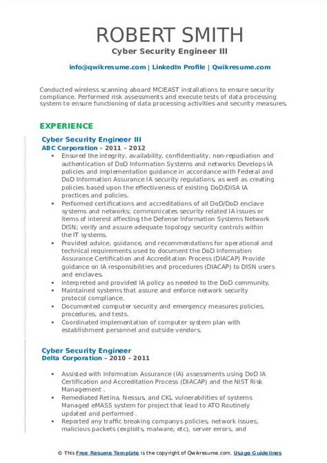 Cyber Security Engineer Resume Samples | QwikResume