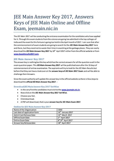 JEE Main Answer Key 2017, Answer Keys of JEE Main Online and Offline Exam, jeemain.nic.in by ...