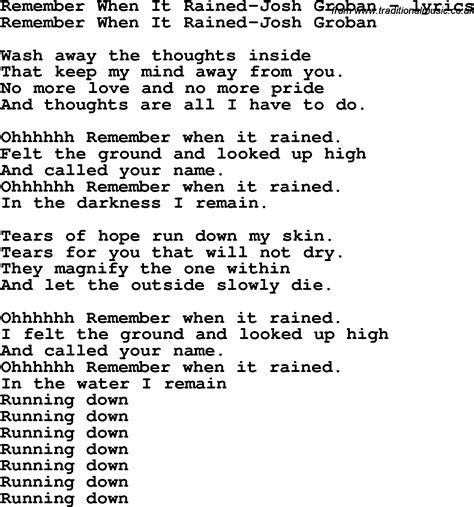 Love Song Lyrics for:Remember When It Rained-Josh Groban