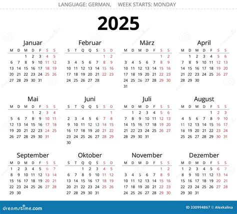 2025 Year German Calendar. Printable Vector Illustration for Germany Stock Illustration ...