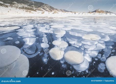 The Baikal Ice. Bubbles Of Methane Frozen In The Transparent Ice. In ...