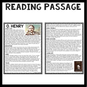 O. Henry Biography Reading Comprehension Worksheet Gift of the Magi