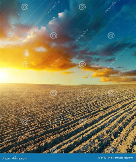 Ploughed field and sunset stock photo. Image of growth - 34501944