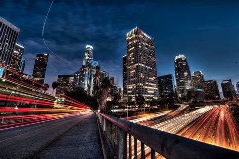 Los Angeles, Street, Metropolis, Skyscraper, Far view, Night, Long ...