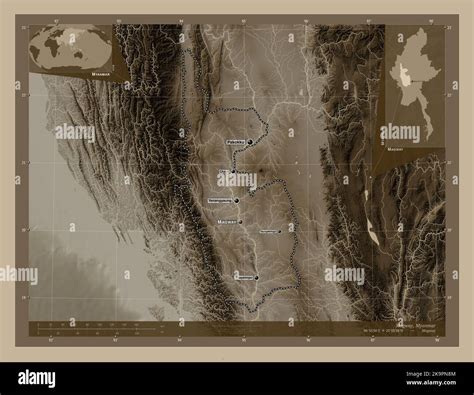 Magway, division of Myanmar. Elevation map colored in sepia tones with lakes and rivers ...