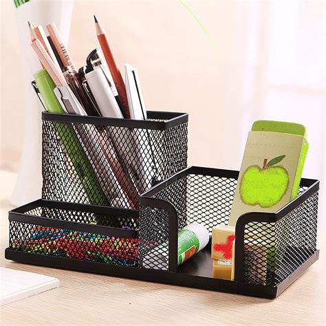 Yhplia 3 Compartment Metal Mesh Desk Organizer Stationary Storage Stand ...