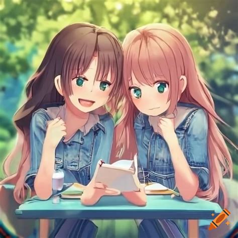 Cheerful anime girls reading science books in a charming garden cafe with harbor backdrop on Craiyon