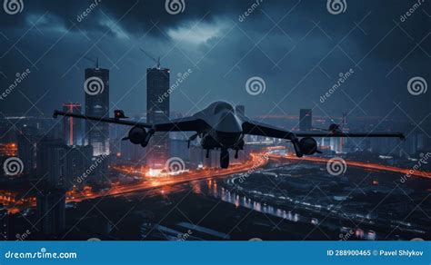 Combat Drone Weapon. Military Technology. Unmanned Drone Above City ...