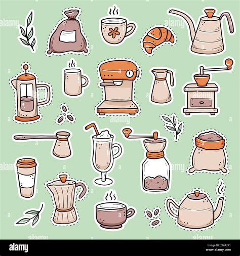 Hand drawn set of different stickers with coffee cup, mug, pot, coffee ...