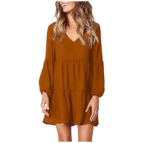 wendunide summer dresses for women 2022 Women Fashion Solid V-Neck Lantern Long Sleeve Flowy ...