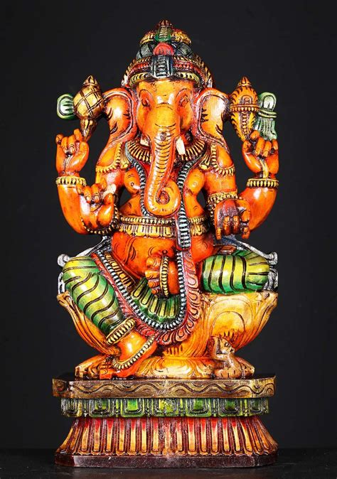 SOLD Wooden Ganesha with Mooshika the Rat 24" (#76w1jg): Lotus Sculpture