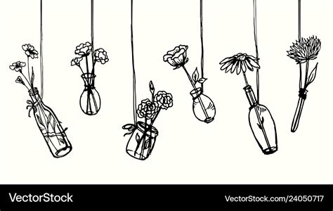 Drawing hanging flowers in glasses Royalty Free Vector Image