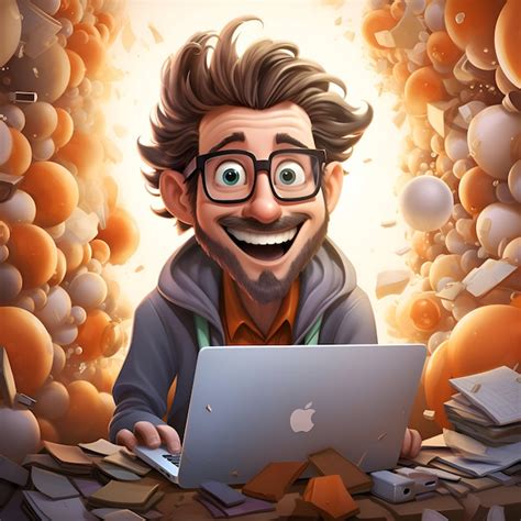 Cartoon man with laptop sitting on a chair in front of a pile of toys | AI-generated image