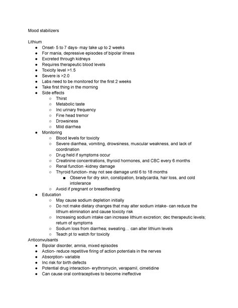 Mood stabilizers - Mental health notes - Mood stabilizers Lithium Onset- 5 to 7 days- may take ...