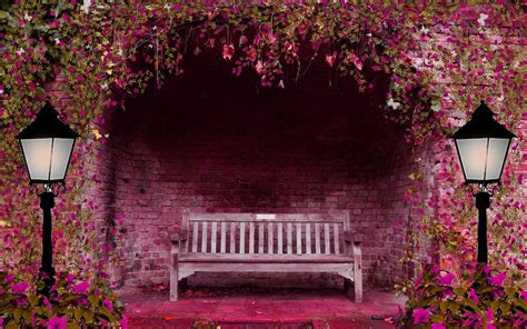 spring, Garden, Flowers, Arch, Bench, Lights, Pink, Lamps, Brick Wallpapers HD / Desktop and ...