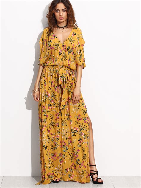 Yellow Print Split Side Maxi Dress -SheIn(Sheinside)