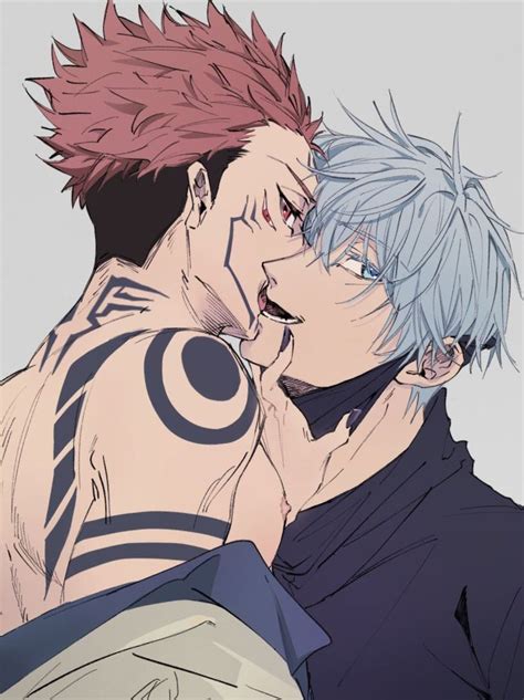 two anime guys with their backs to each other, one is kissing the other's face