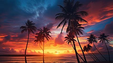 Premium AI Image | Palm tree shadows at sunset with stunning fiery clouds in the backdrop ...