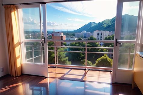 Premium AI Image | A balcony with a view of a mountain and a glass door.