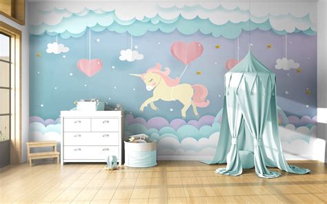 Unicorn Flying Wallpaper, Heart Balloons Removable Wallpaper, Kids Room Self Adhesive, Cartoon ...