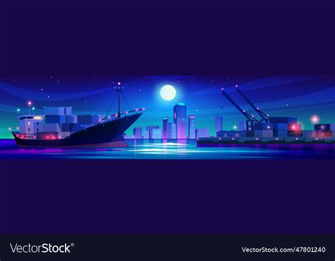 Night port with cargo container and ship Vector Image