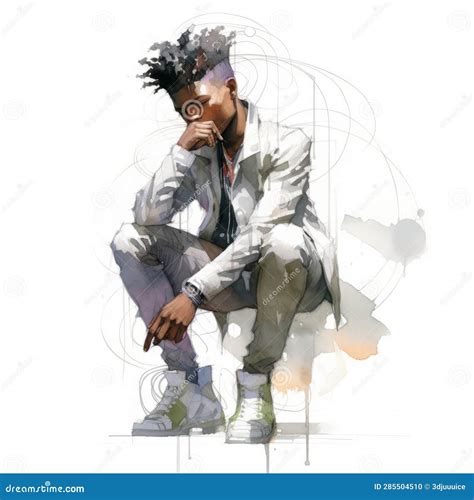 Black Young Man in Thinking and Doubts Watercolor Illustration. Stock Illustration ...