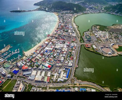 High Aerial view of the capital of St.Maarten, Philipsburg. Dutch Side of Sint Maarten Stock ...