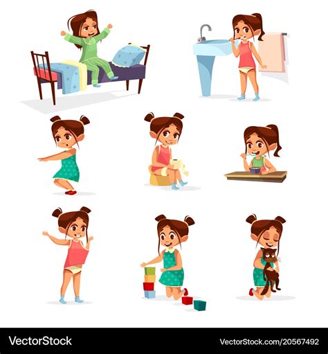 Cartoon girl daily routine activity set Royalty Free Vector