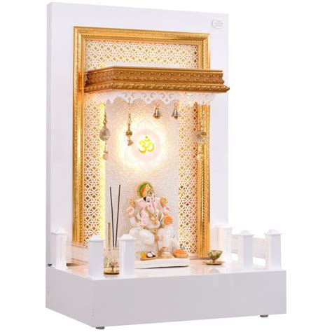 Wooden Mandir In Glossy White With Drawer And LED Lights – The Mandir Store