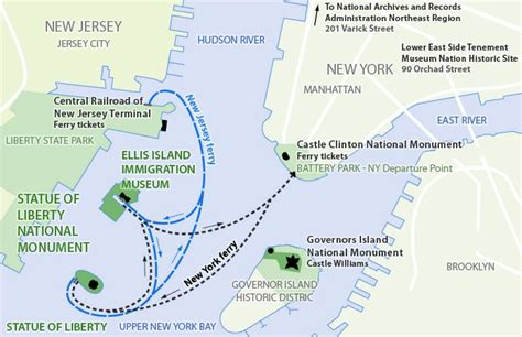 Map showing ferry route from Lower Manhattan to Ellis Island and the Statue of Liberty, NYC ...