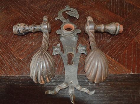 Antique Set French Door Handle Pulls Cast Iron Twist Matched Hardware Set Backplate Keyhole ...