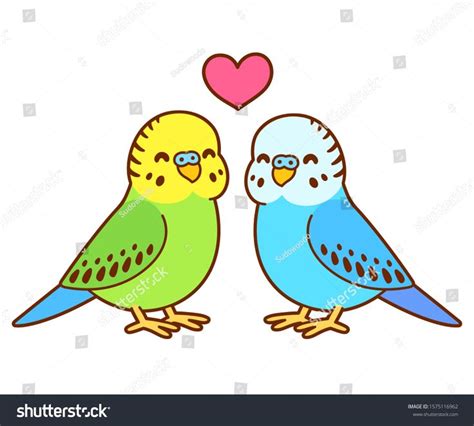 Cute cartoon budgie couple drawing. Little parakeet birds in love with heart above. Isolated ...