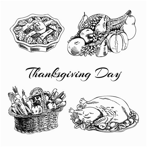 A hand-drawn set of Thanksgiving dishes. Vintage ink drawings. Vector ...