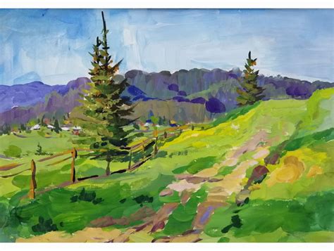 Mountain forest landscape Gouache painting original Plein air painting ...